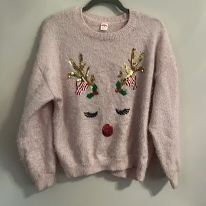 Sequin Jingle Bell Reindeer Pink Fluffy Christmas Holiday Sweater